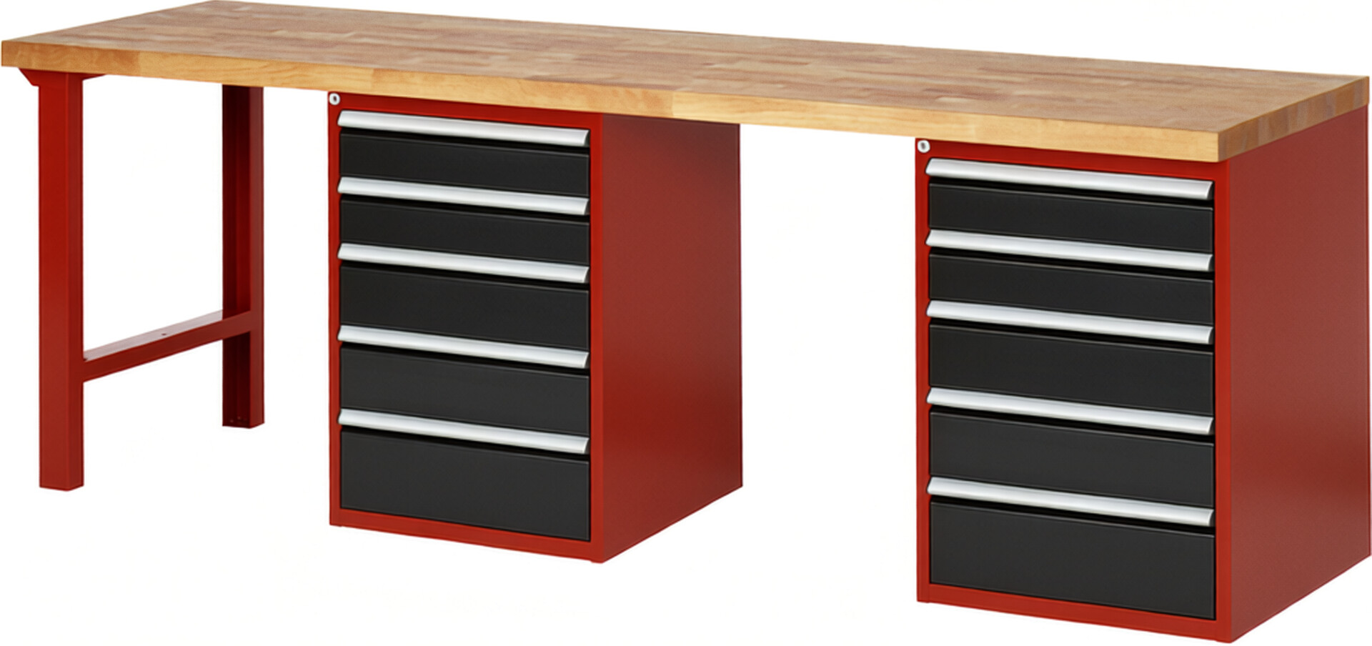 Werkbank Modell 7513 rot - schwarz, BxTxH 2500x700x890 mm,  Buche-Massiv Arbeitsplatte 40 mm,  10 Schubladen mit  Auszug 90 %
