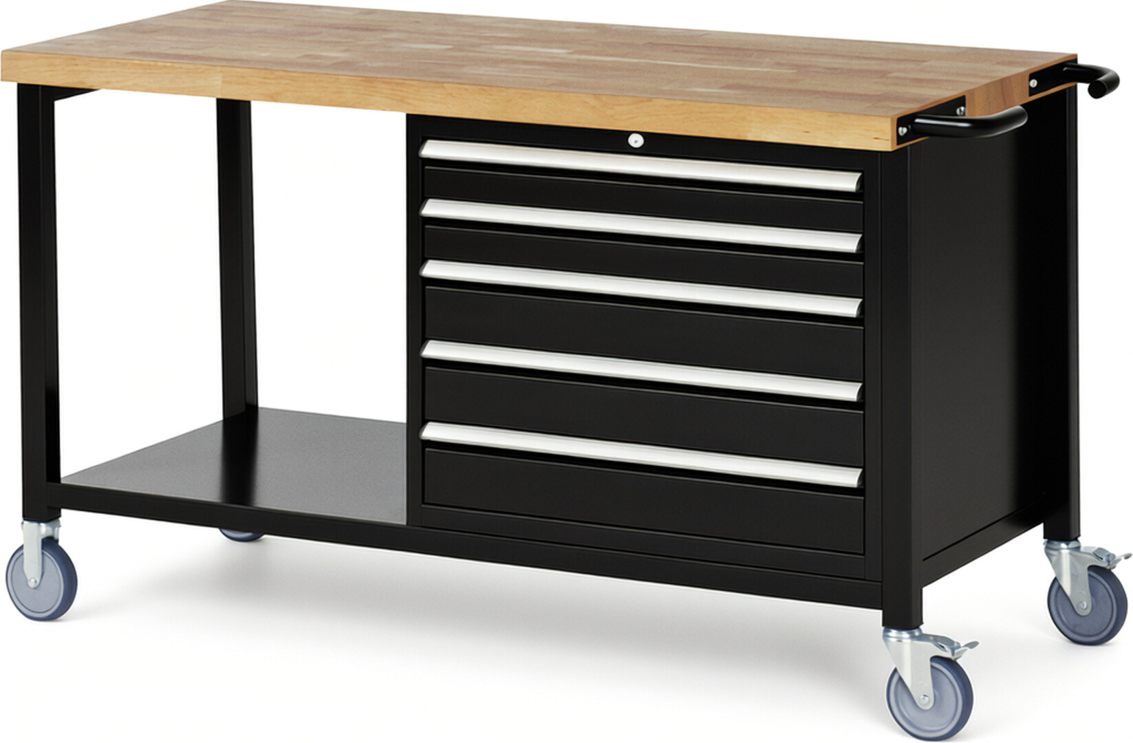 Fahrbare Werkbank Modell 8271 schwarz, BxTxH 1500x700x880-1080 mm,  Buche-Massiv Arbeitsplatte 40 mm,  5 Schubladen mit  Auszug 90 %