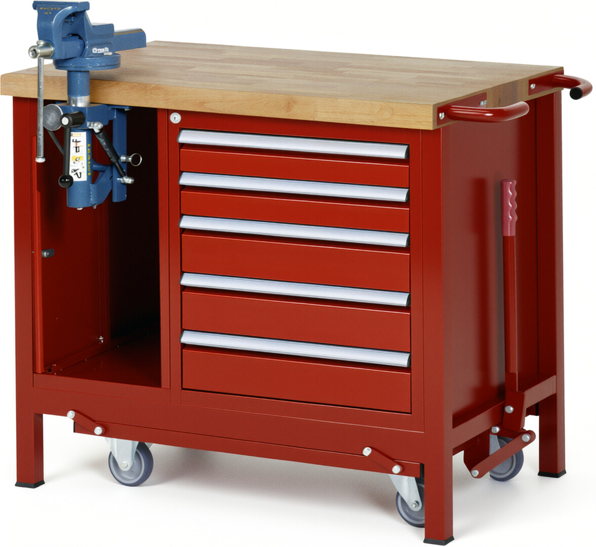 Absenkbare Werkbank Modell 8187 rot, BxTxH 1000x700x880 mm,  Buche-Massiv Arbeitsplatte 40 mm,  5 Schubladen mit  Auszug 90 %