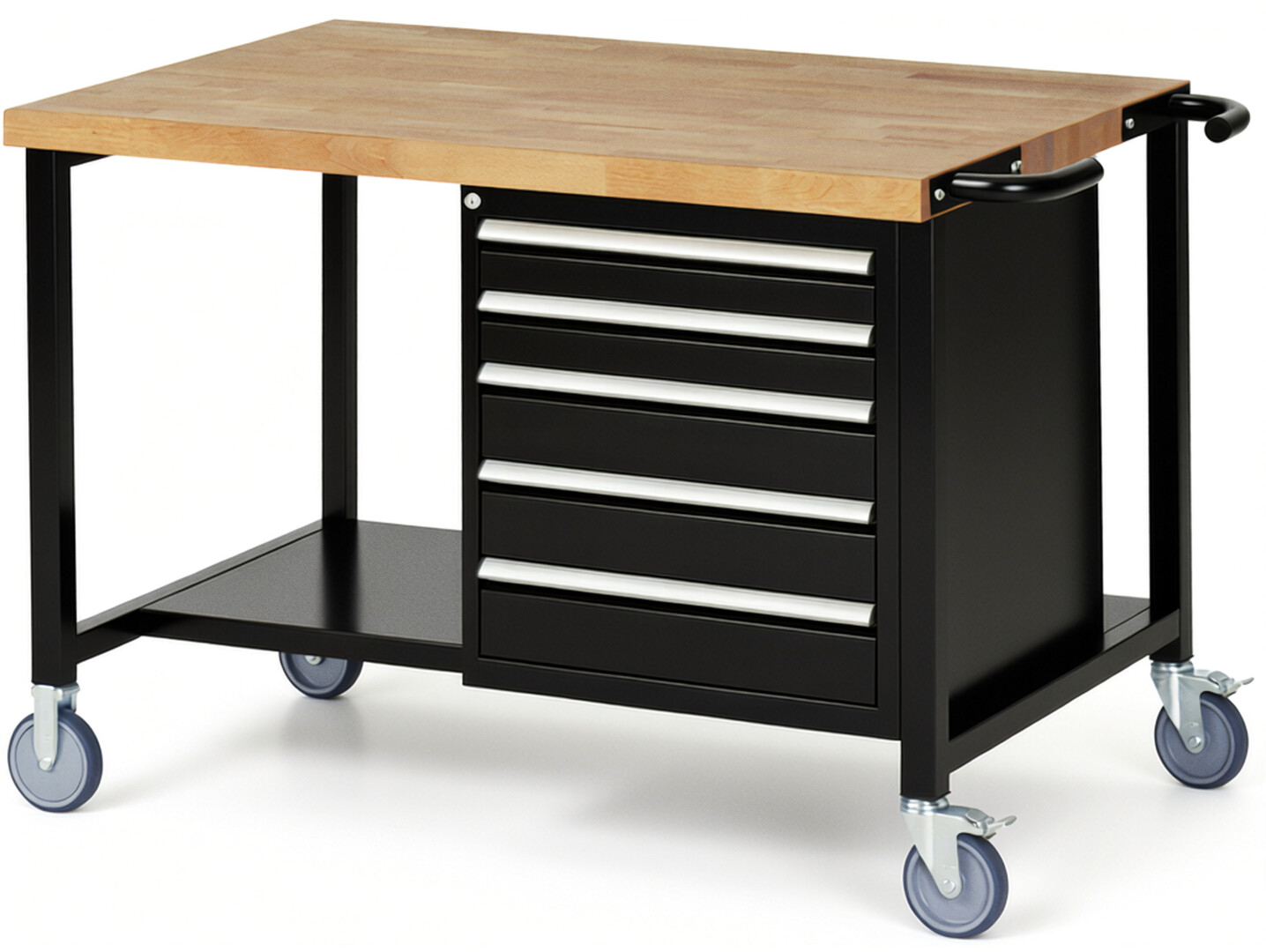 Fahrbare Werkbank Modell 8171 schwarz, BxTxH 1250x900x880 mm,  Buche-Massiv Arbeitsplatte 40 mm,  5 Schubladen mit  Vollauszug 100 % und  SoftClosing