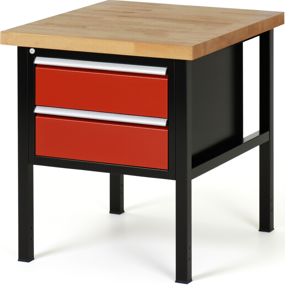 RAU Werkbank schwarz - rot - Breite 75 cm - Tiefe 90 cm - Höhe 104 cm - Buche-Massiv Arbeitsplatte 40 mm