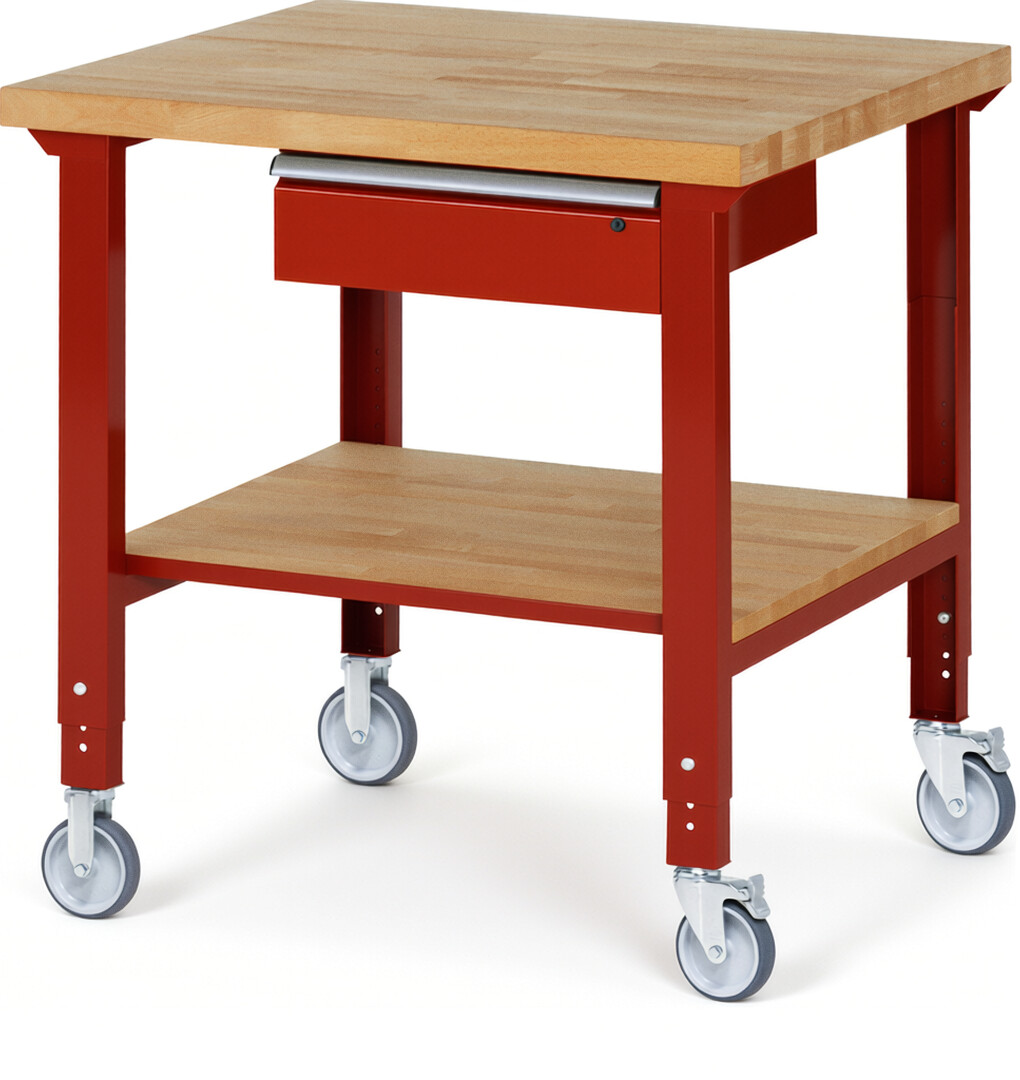 Fahrbare Werkbank Modell 7001 rot, BxTxH 1000x900x950-1000 mm,  Buche-Massiv Arbeitsplatte 40 mm,  1 Schublade mit  Auszug 90 %