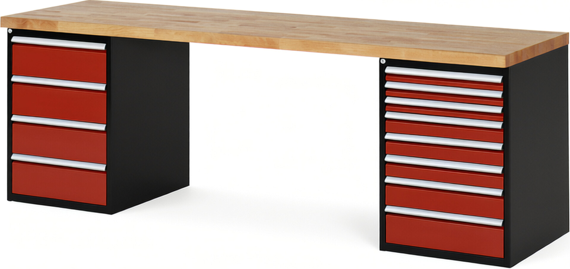 RAU Werkbank schwarz - rot - Breite 250 cm - Tiefe 70 cm - Höhe 89 cm - Buche-Massiv Arbeitsplatte 40 mm