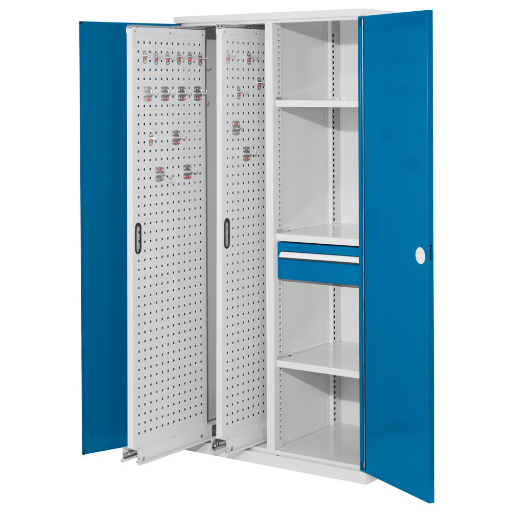 Auszugschrank - Schwerlastschrank, Vollblechtüren,BxTxH 1000x600x1950 mm 7035/5010, Anzahl Böden 2 Stk.
