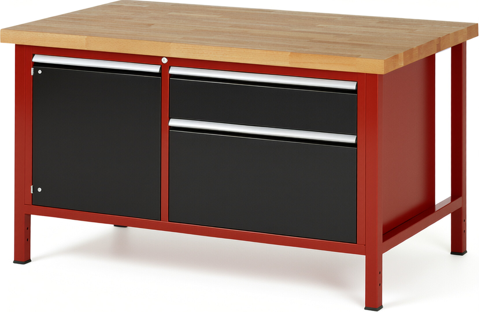 Werkbank Modell 8651 rot - schwarz, BxTxH 1500x900x840 mm,  Buche-Massiv Arbeitsplatte 40 mm,  2 Schubladen mit  Auszug 90 %