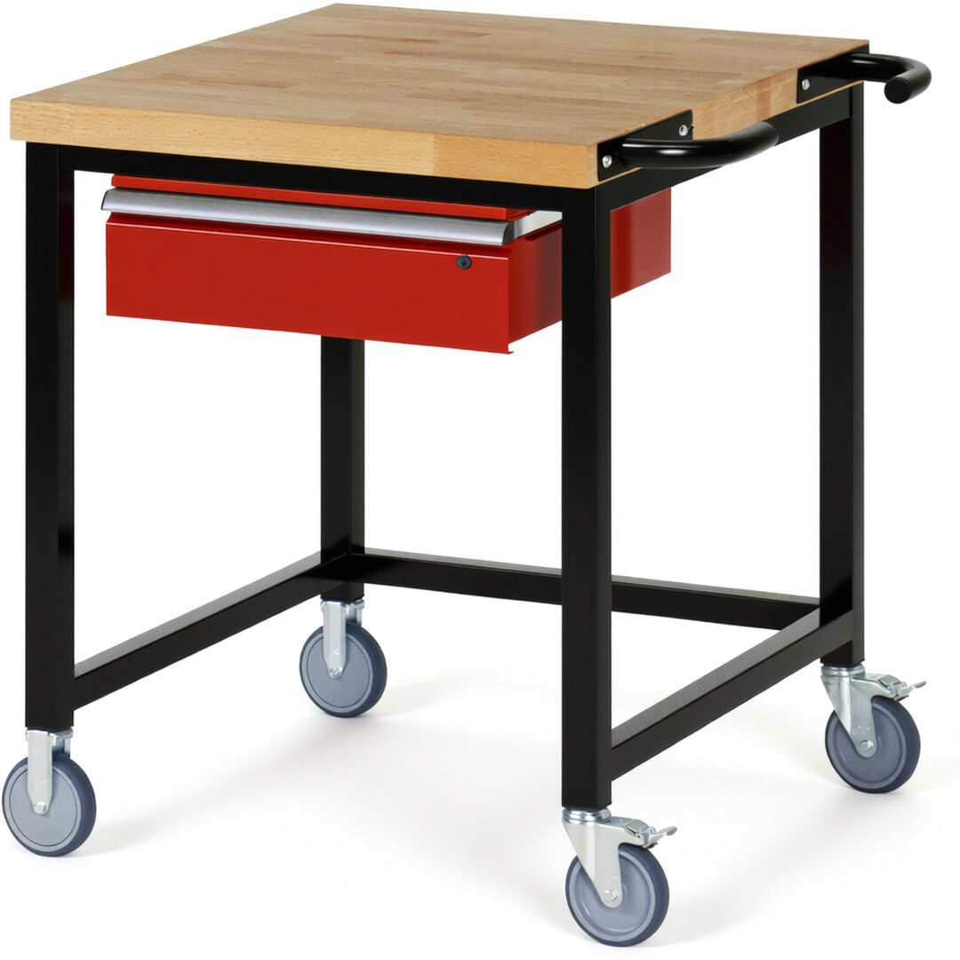RAU Werkbank schwarz - rot - Breite 75 cm - Tiefe 90 cm - Höhe 108 cm - Buche-Massiv Arbeitsplatte 40 mm