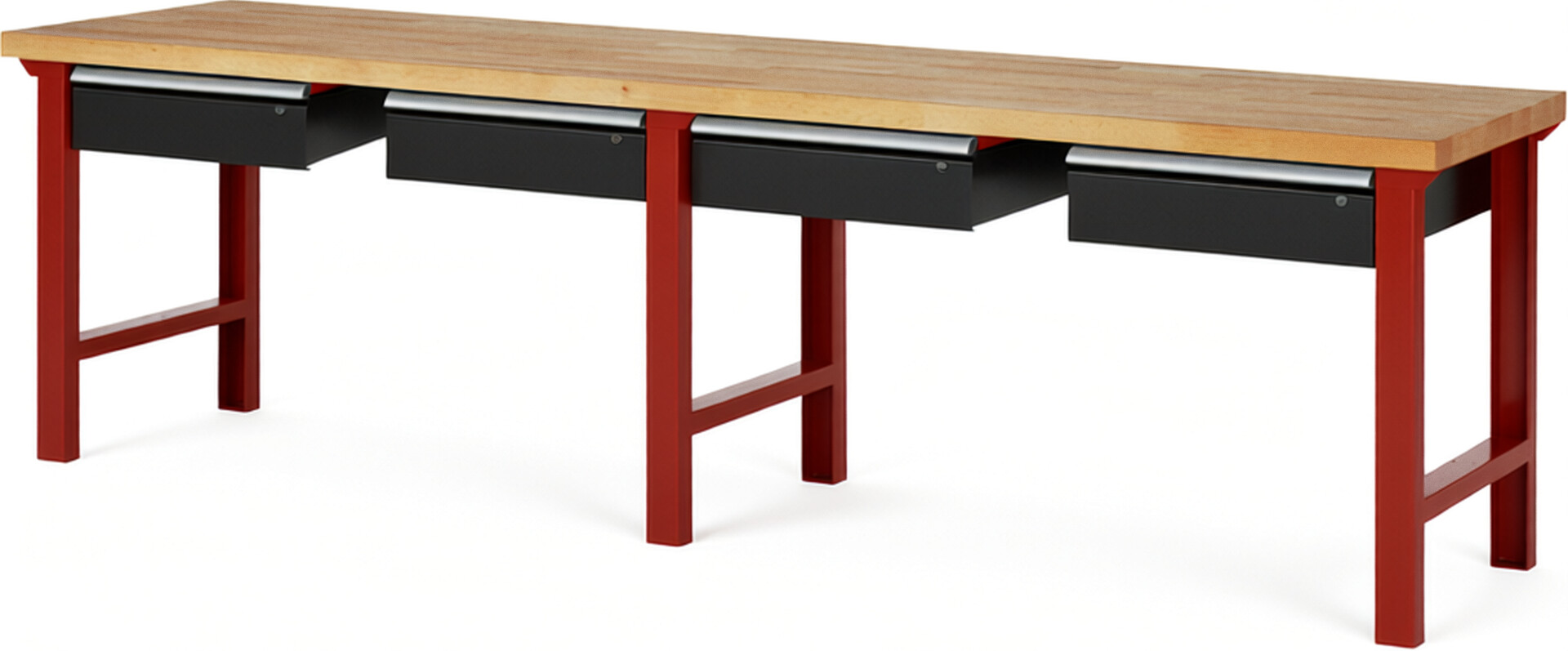 Werkbank Modell 7002 rot - schwarz, BxTxH 3000x700x840 mm,  Buche-Massiv Arbeitsplatte 40 mm,  4 Schubladen mit  Auszug 90 %