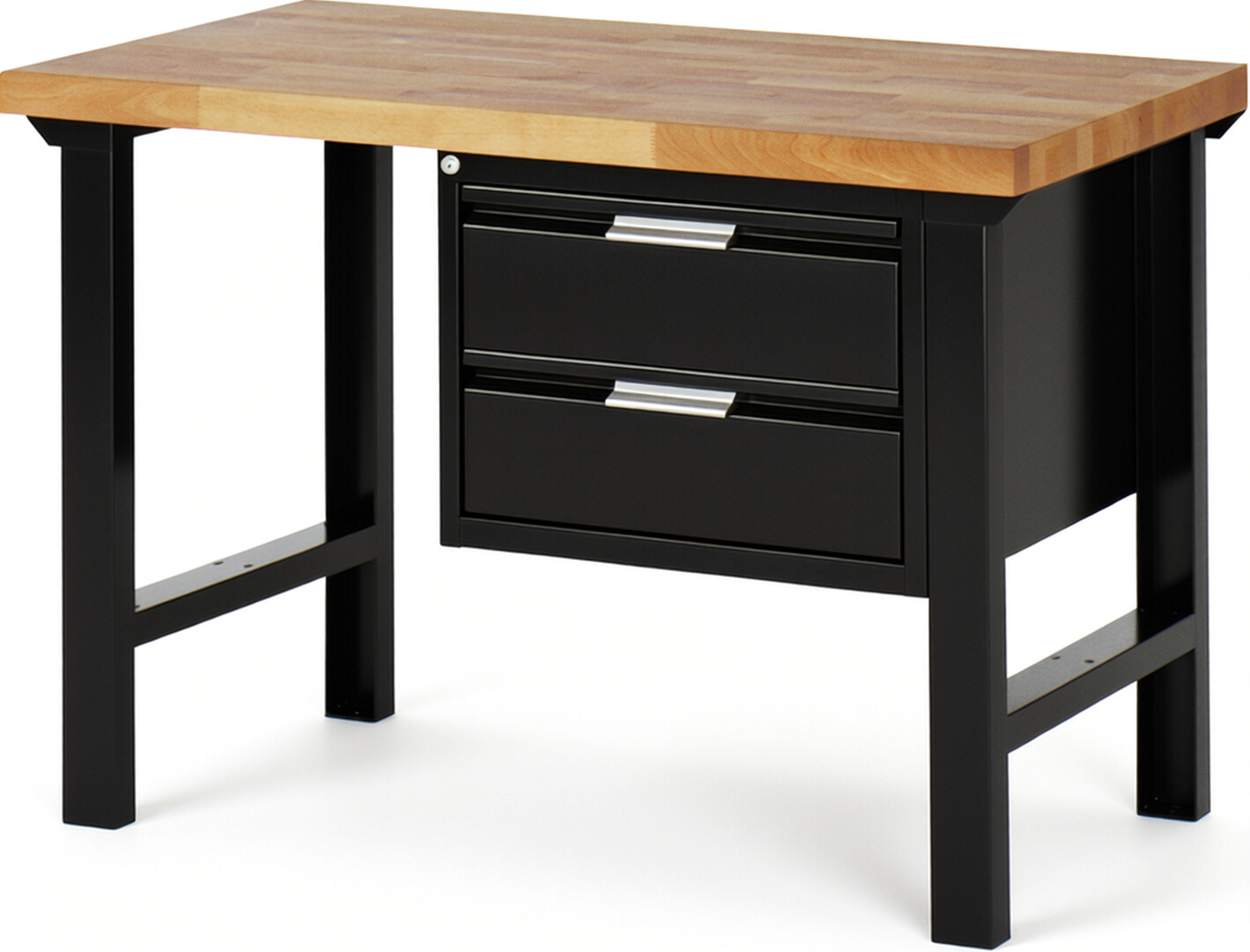 Werkbank schwarz, BxTxH 1250x700x840 mm, Platte Buche 40 mm, 2 Schubladen 180 mm, RAL 9011/9011