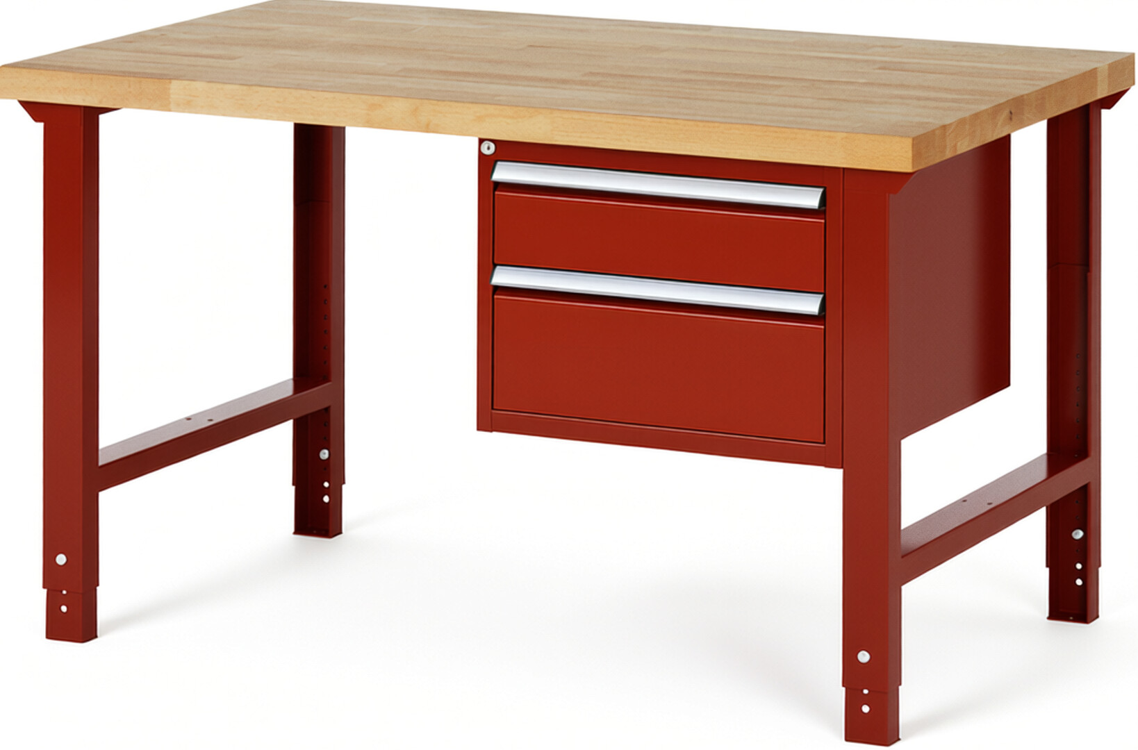 Werkbank Modell 7123 rot, BxTxH 1500x900x790-1140 mm,  Buche-Massiv Arbeitsplatte 40 mm,  2 Schubladen mit  Auszug 90 %