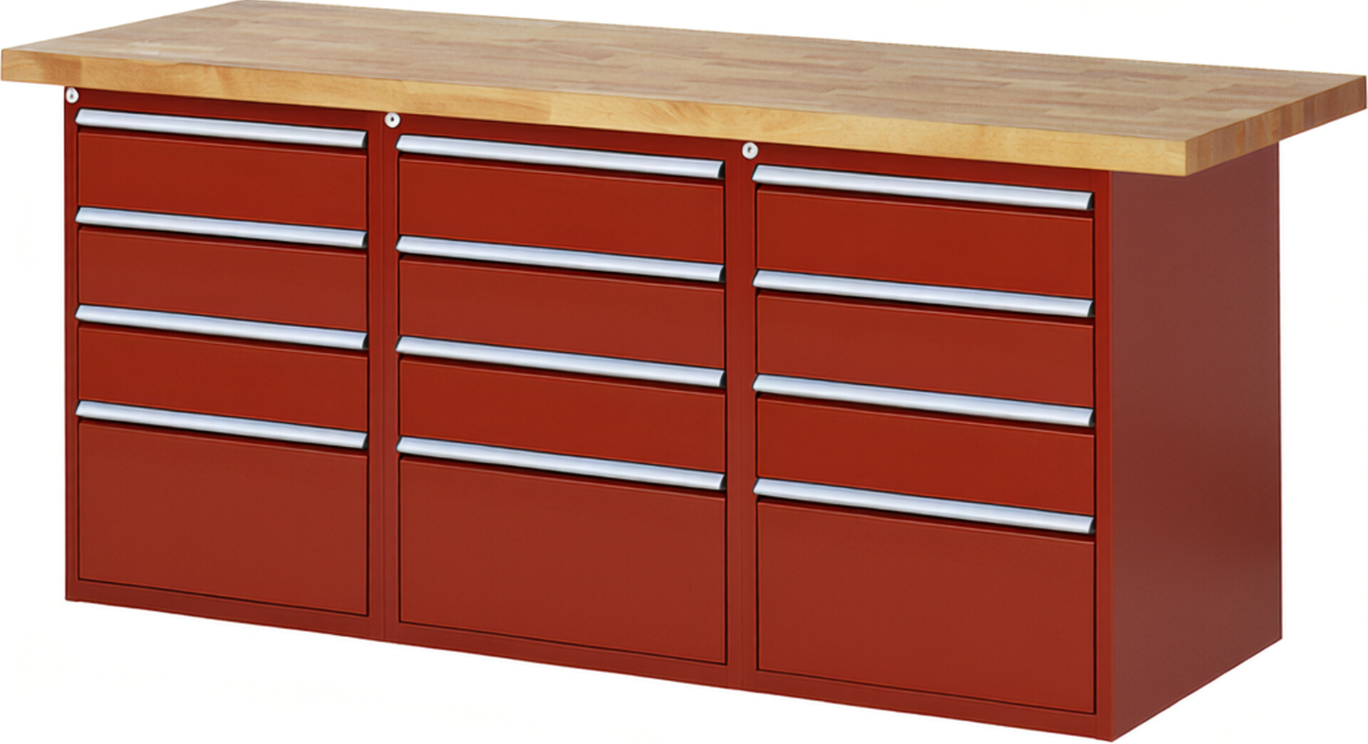 Werkbank Modell 7510 rot, BxTxH 2000x700x840 mm,  Buche-Massiv Arbeitsplatte 40 mm,  12 Schubladen mit  Auszug 90 %