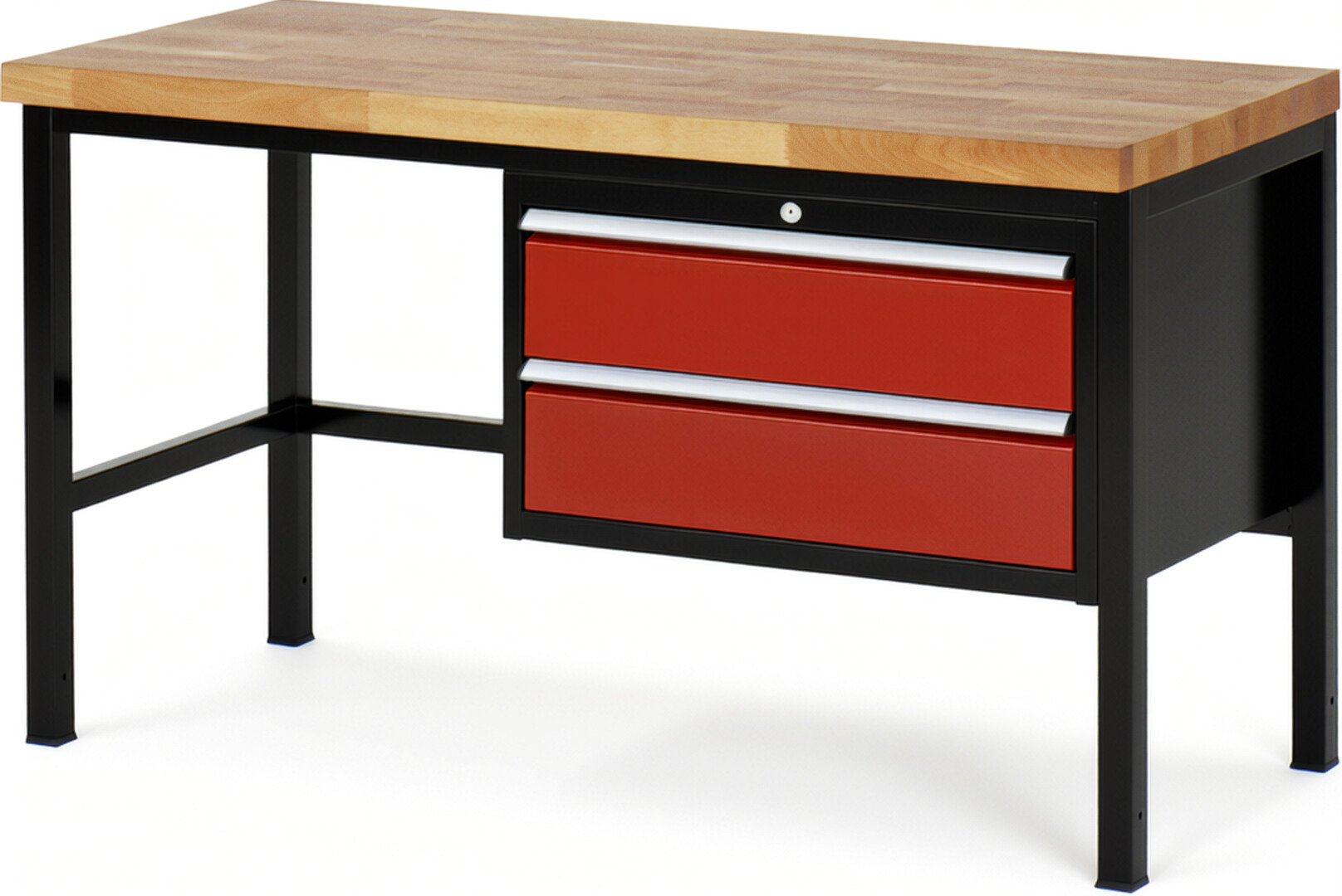 RAU Werkbank schwarz - rot - Breite 150 cm - Tiefe 70 cm - Höhe 104 cm - Buche-Massiv Arbeitsplatte 40 mm