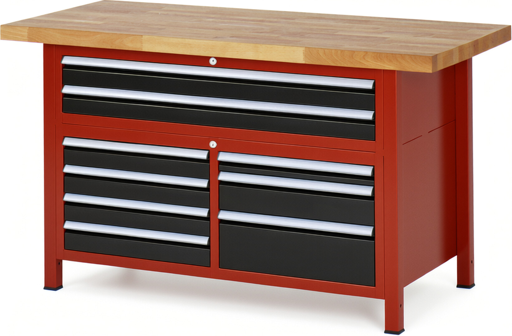 Werkbank Modell 8923 rot - schwarz, BxTxH 1500x700x840 mm,  Buche-Massiv Arbeitsplatte 40 mm,  9 Schubladen mit  Auszug 90 %