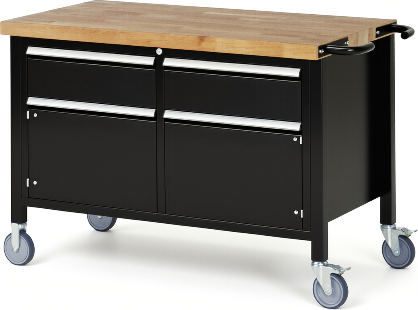 Fahrbare Werkbank Modell 8466 schwarz, BxTxH 1250x700x880 mm,  Buche-Massiv Arbeitsplatte 40 mm,  2 Schubladen mit  Vollauszug 100 % und  SoftClosing