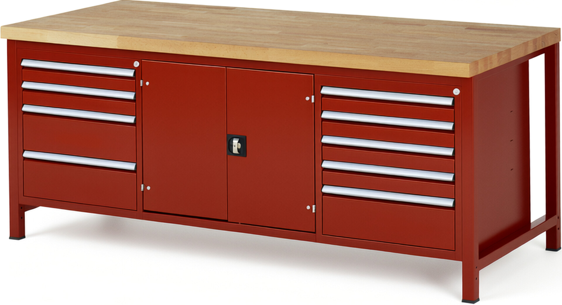 Werkbank Modell 8908 rot, BxTxH 2000x900x840 mm,  Buche-Massiv Arbeitsplatte 40 mm,  9 Schubladen mit  Auszug 90 %