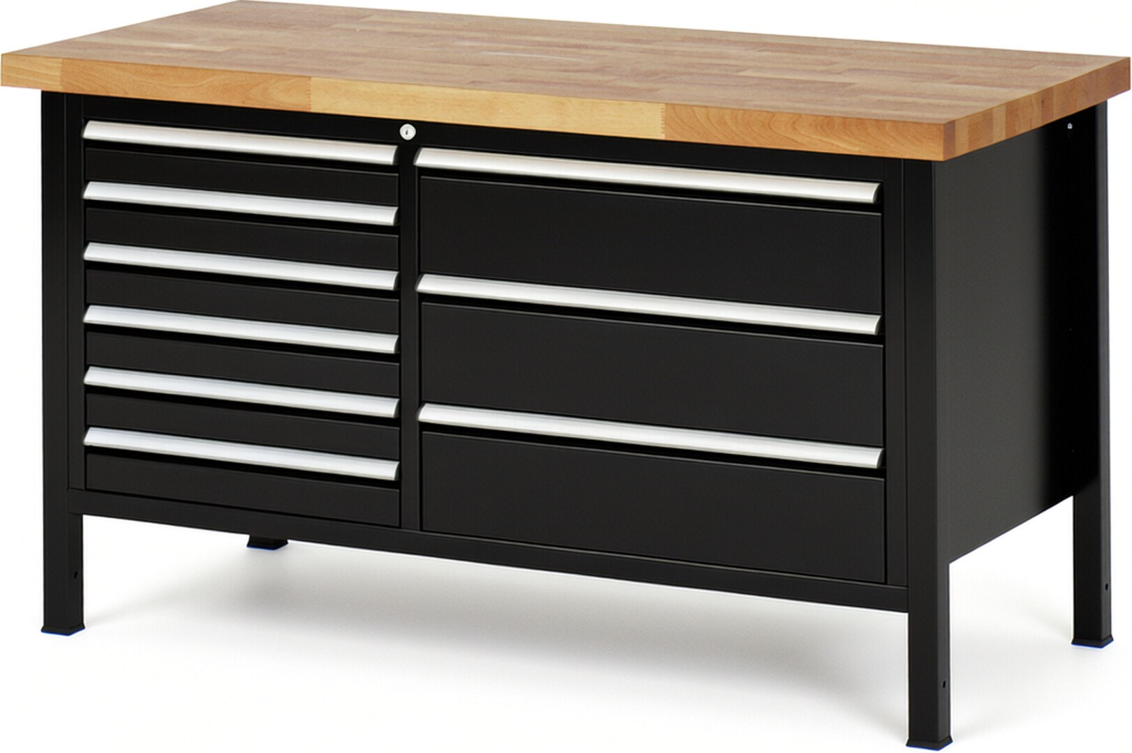 Werkbank Modell 8653 schwarz, BxTxH 1500x700x840 mm,  Buche-Massiv Arbeitsplatte 40 mm,  9 Schubladen mit  Auszug 90 %