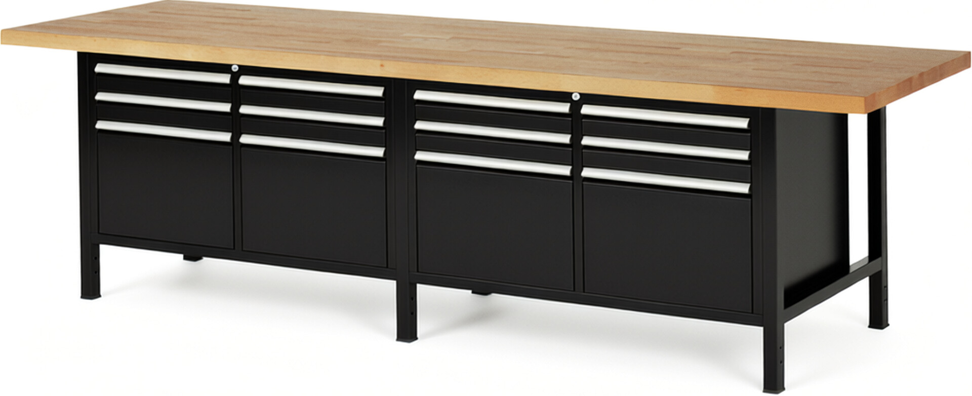 Werkbank Modell 8474 schwarz, BxTxH 3000x900x840 mm,  Buche-Massiv Arbeitsplatte 40 mm,  12 Schubladen mit  Vollauszug 100 % und  SoftClosing