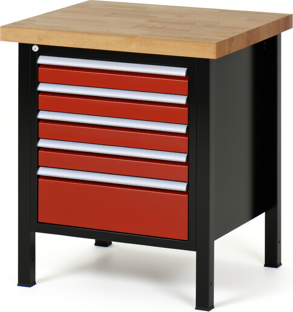 RAU Werkbank schwarz - rot - Breite 75 cm - Tiefe 70 cm - Höhe 104 cm - Buche-Massiv Arbeitsplatte 40 mm