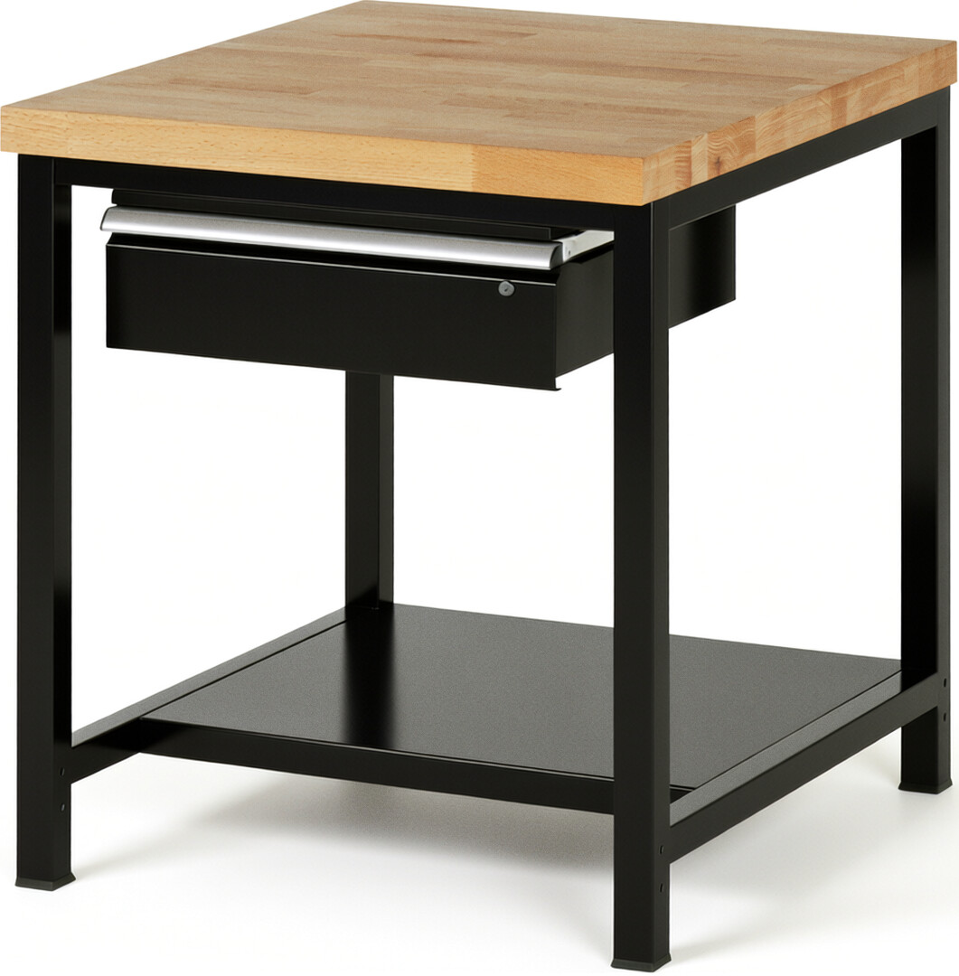 Werkbank Modell 8001 schwarz, BxTxH 750x900x840 mm,  Buche-Massiv Arbeitsplatte 40 mm,  1 Schublade mit  Auszug 90 %