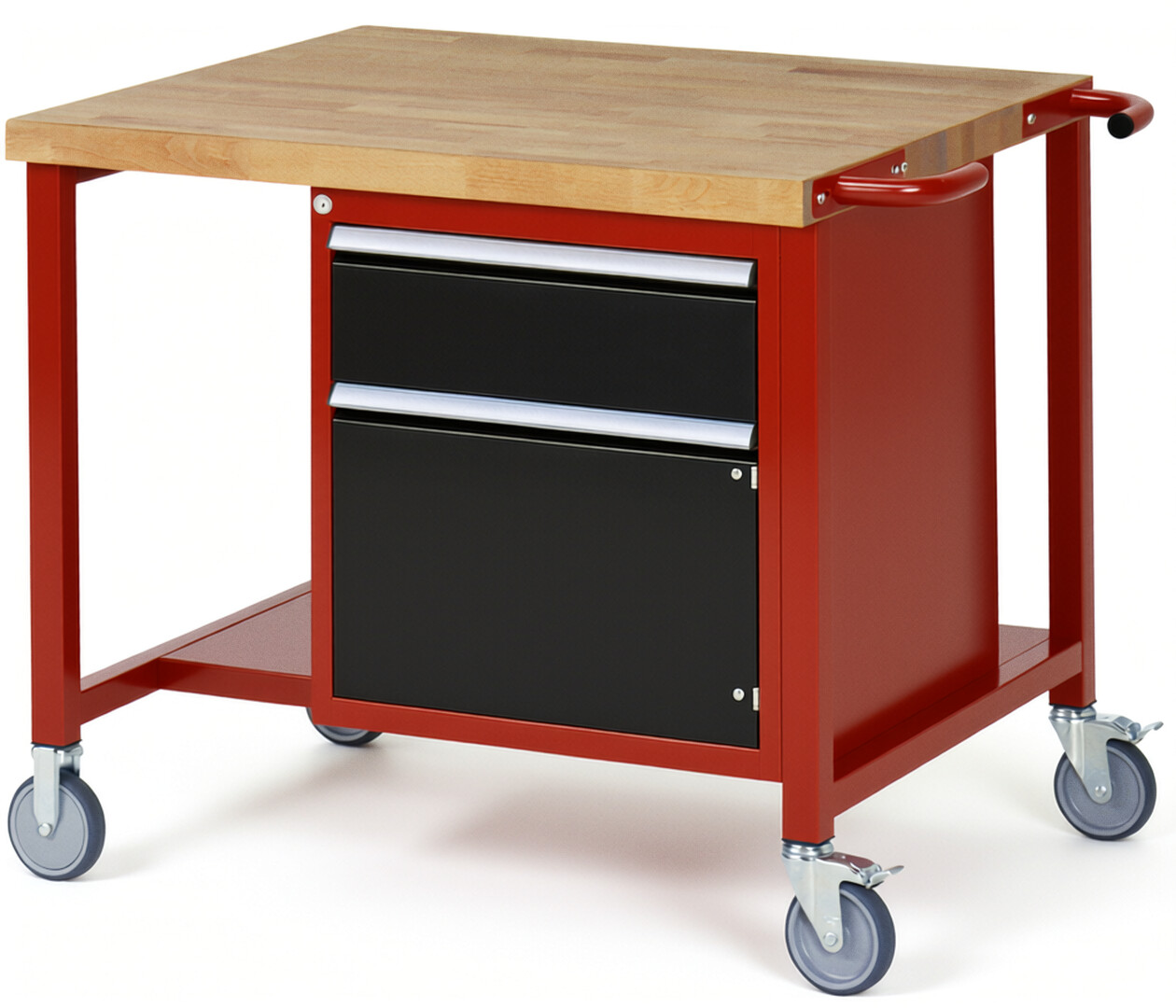 Fahrbare Werkbank Modell 8152 rot - schwarz, BxTxH 1000x900x880 mm,  Buche-Massiv Arbeitsplatte 40 mm,  1 Schublade mit  Vollauszug 100 % und  SoftClosing