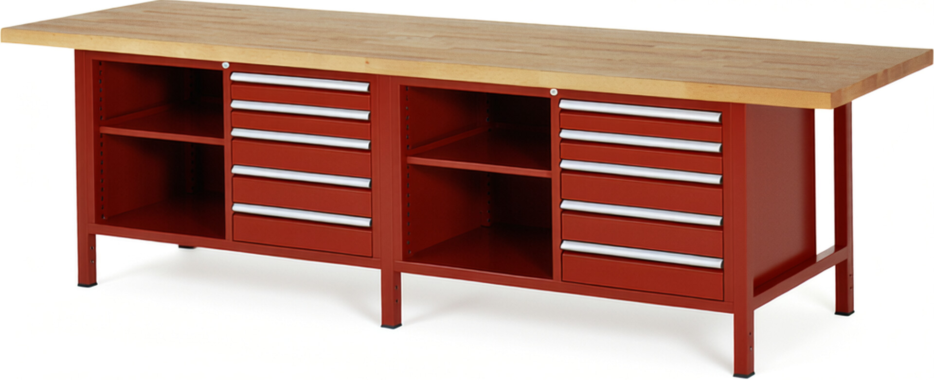 Werkbank Modell 8464 rot, BxTxH 3000x900x840 mm,  Buche-Massiv Arbeitsplatte 40 mm,  10 Schubladen mit  Vollauszug 100 % und  SoftClosing
