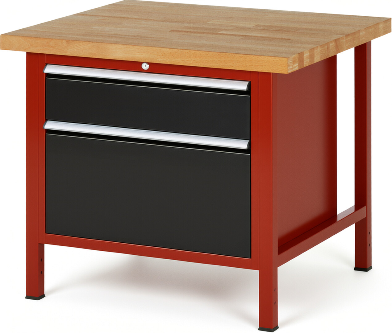 Werkbank Modell 8256 rot - schwarz, BxTxH 1000x900x840-1040 mm,  Buche-Massiv Arbeitsplatte 40 mm,  2 Schubladen mit  Vollauszug 100 % und  SoftClosing