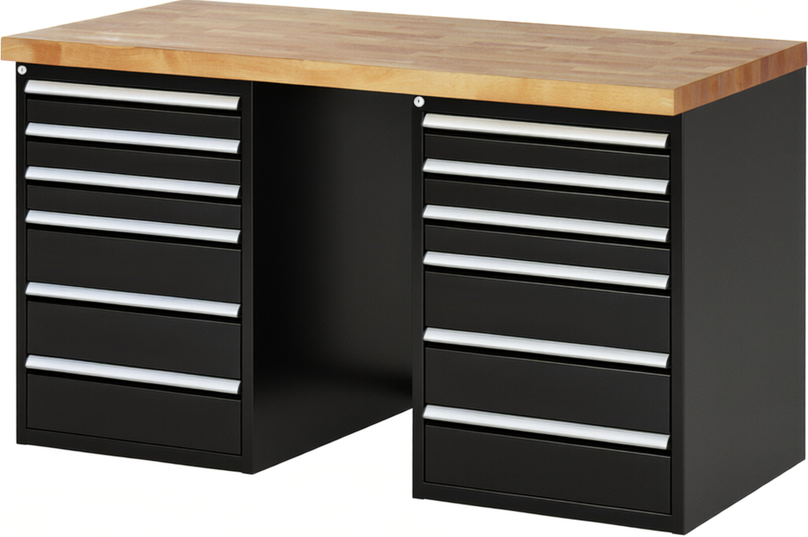 Werkbank Modell 7515 schwarz, BxTxH 1500x700x890 mm,  Buche-Massiv Arbeitsplatte 40 mm,  12 Schubladen mit  Auszug 90 %