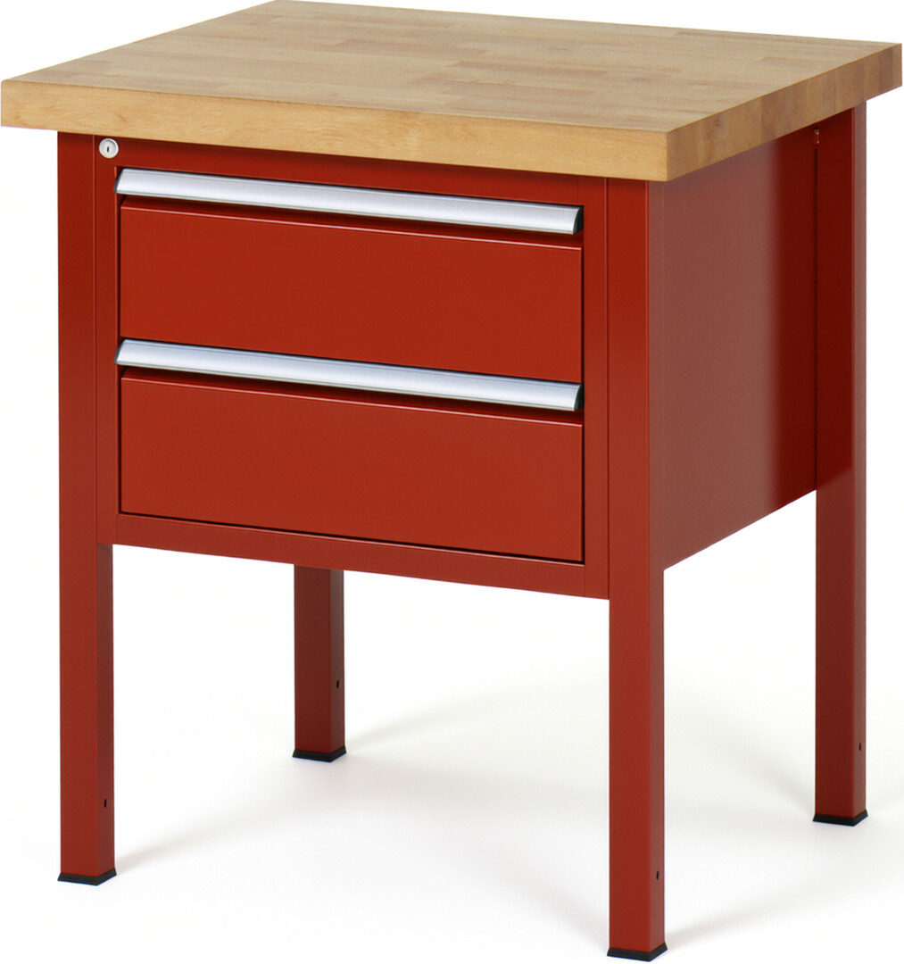 Werkbank Modell 8125 rot, BxTxH 750x700x840-1040 mm,  Buche-Massiv Arbeitsplatte 40 mm,  2 Schubladen mit  Vollauszug 100 % und  SoftClosing