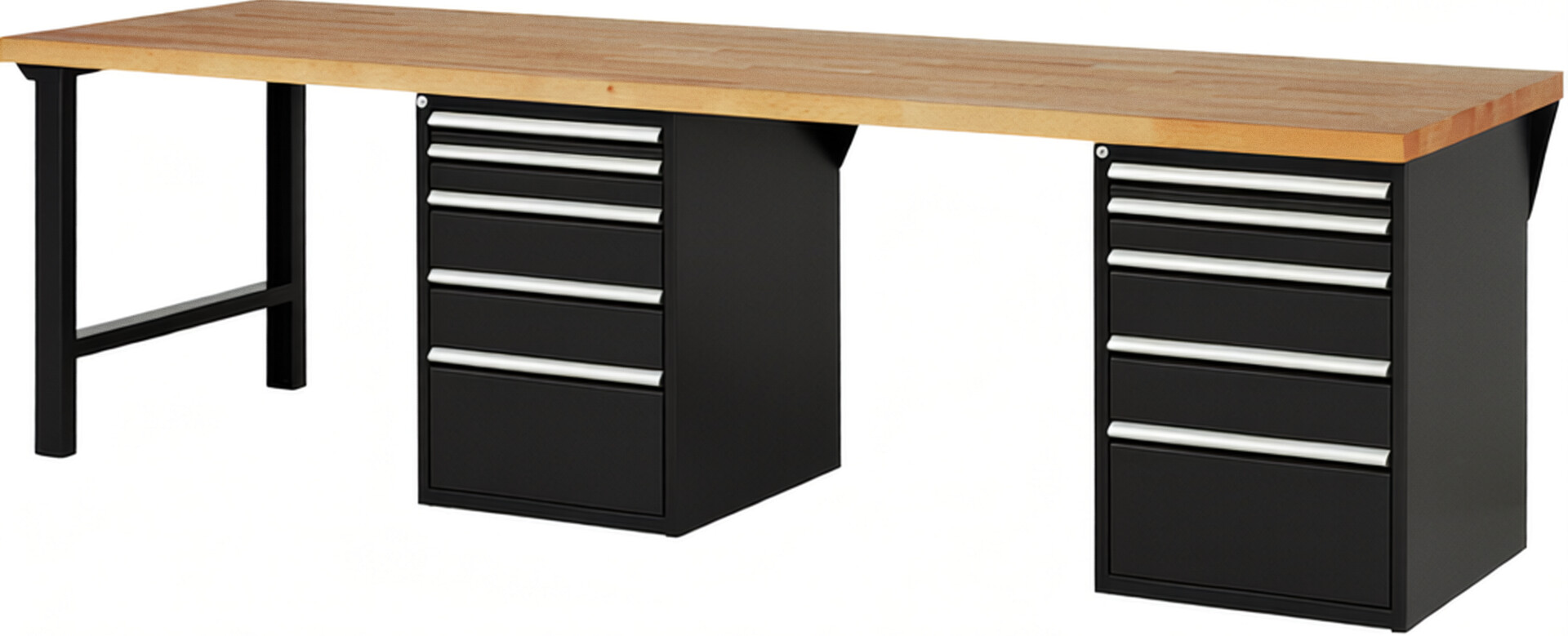 Werkbank Modell 7511 schwarz, BxTxH 3000x900x890 mm,  Buche-Massiv Arbeitsplatte 40 mm,  10 Schubladen mit  Auszug 90 %