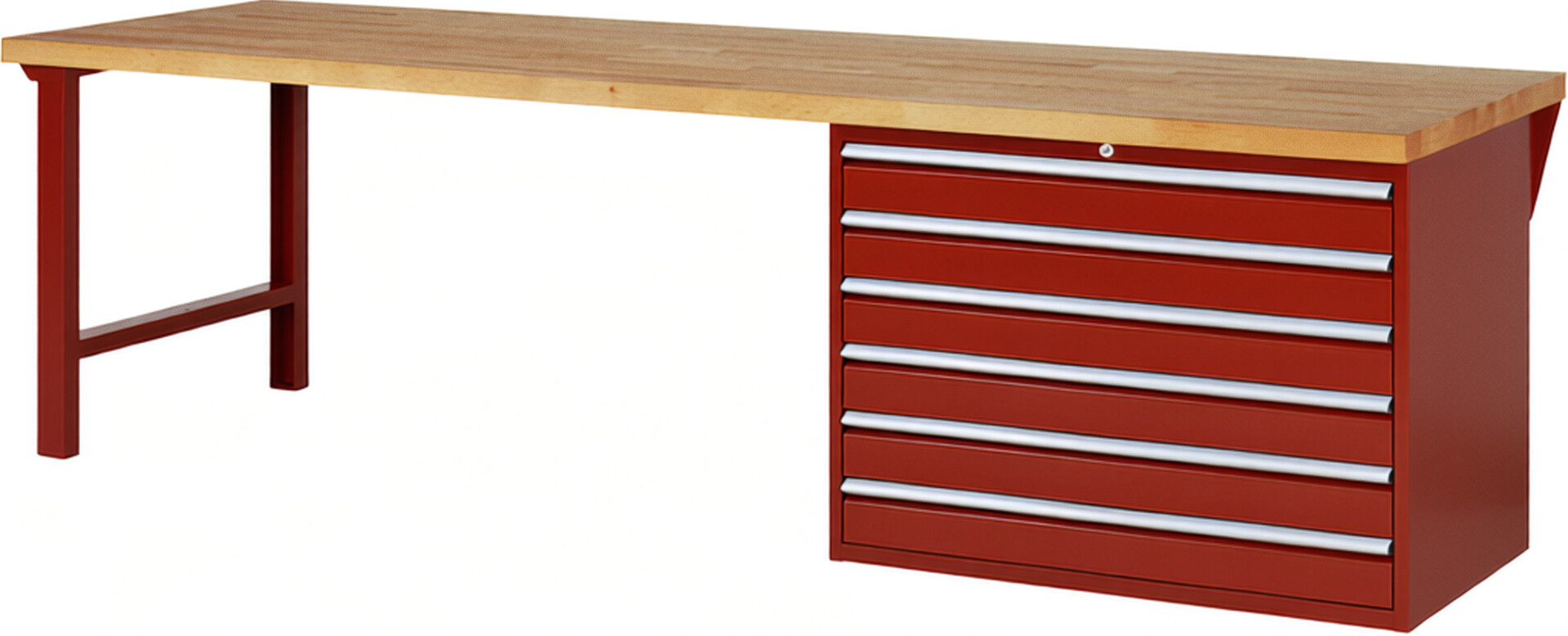 Werkbank Modell 7716 rot, BxTxH 3000x900x840 mm,  Buche-Massiv Arbeitsplatte 40 mm,  6 Schubladen mit  Auszug 90 %
