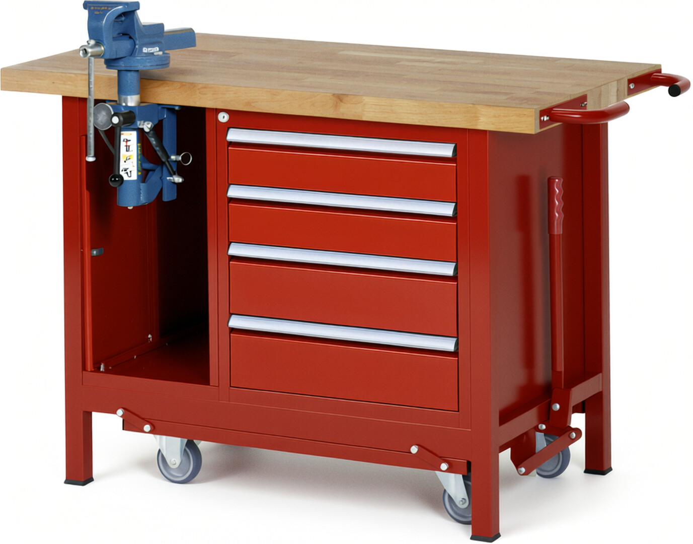 Absenkbare Werkbank Modell 8185 rot, BxTxH 1250x700x880 mm,  Buche-Massiv Arbeitsplatte 40 mm,  4 Schubladen mit  Auszug 90 %