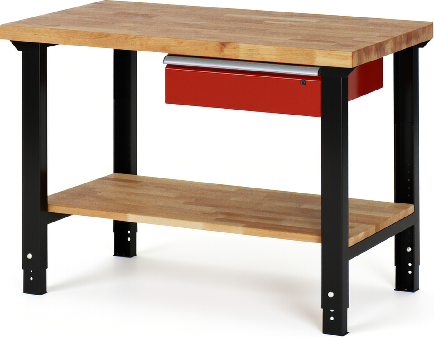 RAU Werkbank schwarz - rot - Breite 125 cm - Tiefe 70 cm - Höhe 114 cm - Buche-Massiv Arbeitsplatte 40 mm