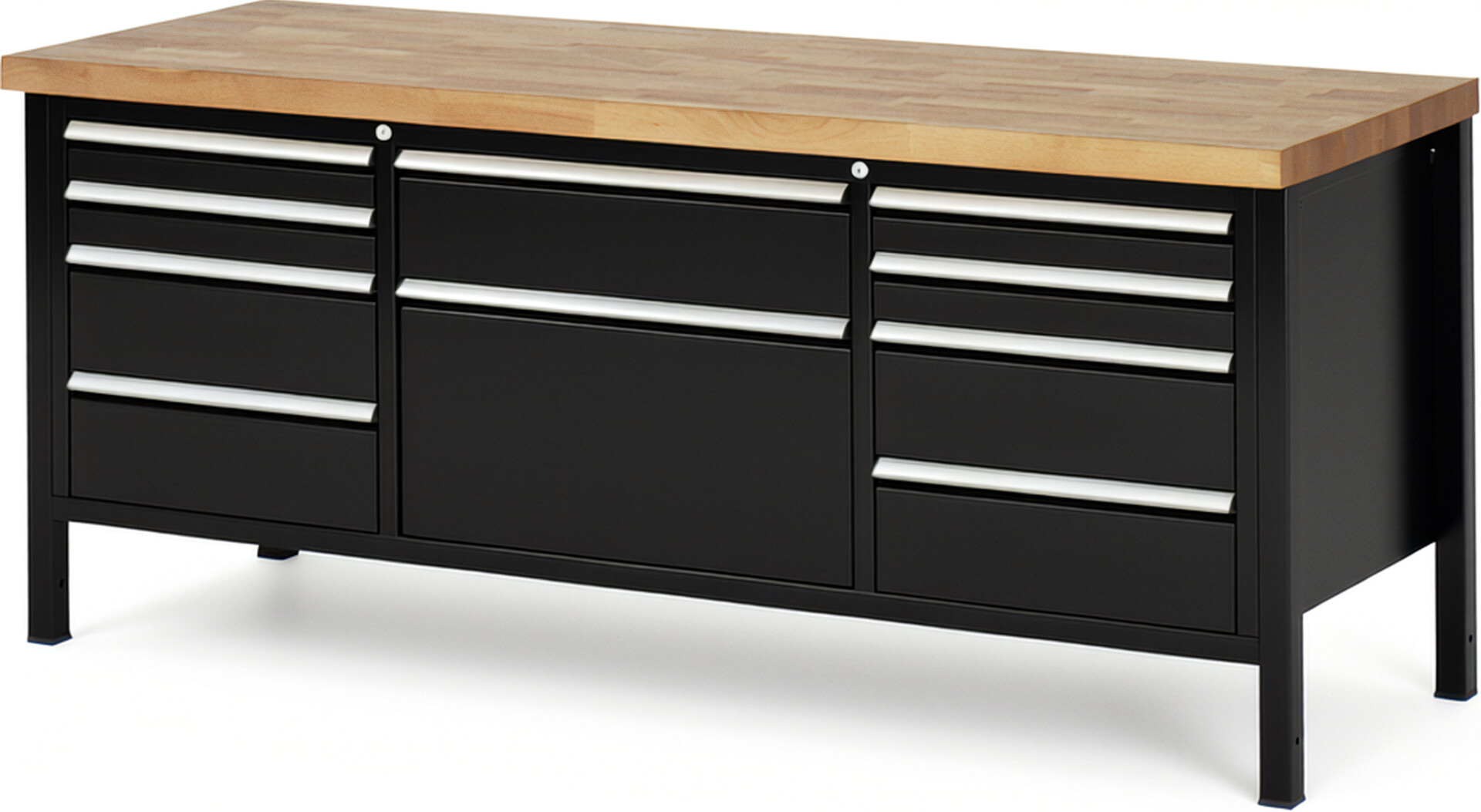 Werkbank Modell 8755 schwarz, BxTxH 2000x700x840 mm,  Buche-Massiv Arbeitsplatte 40 mm,  10 Schubladen mit  Vollauszug 100 % und  SoftClosing