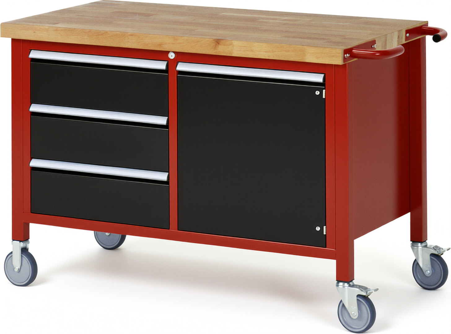 Fahrbare Werkbank Modell 8468 rot - schwarz, BxTxH 1250x700x880 mm,  Buche-Massiv Arbeitsplatte 40 mm,  3 Schubladen mit  Vollauszug 100 % und  SoftClosing