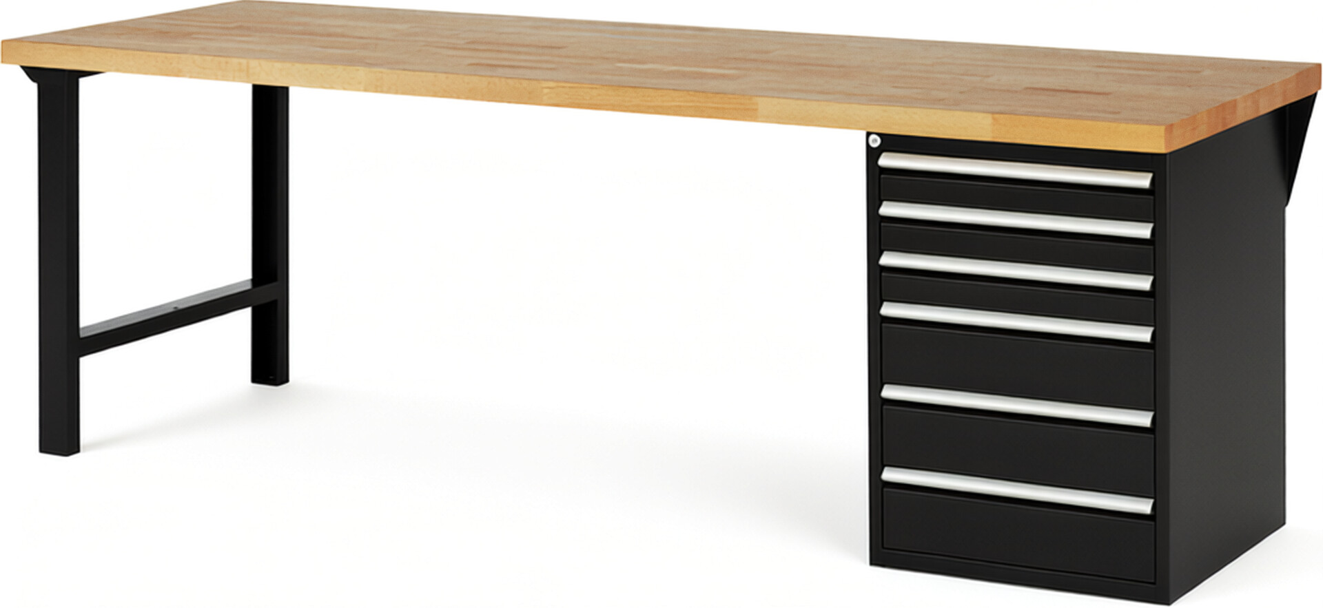 Werkbank Modell 7515 schwarz, BxTxH 2500x900x890 mm,  Buche-Massiv Arbeitsplatte 40 mm,  6 Schubladen mit  Auszug 90 %