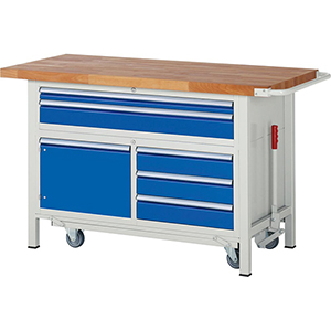 Werkbank m. absenkb. Fahrgest., Breite 150 cm, Tiefe 70 cm, Höhe 88 cm, 5 Schublade(n), Platte: Buche-Riegel