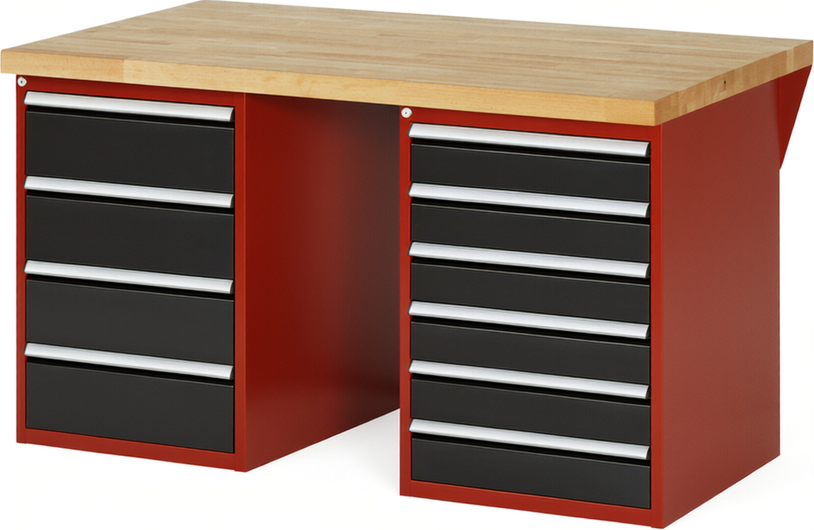 Werkbank Modell 7821 rot - schwarz, BxTxH 1500x900x890 mm,  Buche-Massiv Arbeitsplatte 40 mm,  10 Schubladen mit  Auszug 90 %