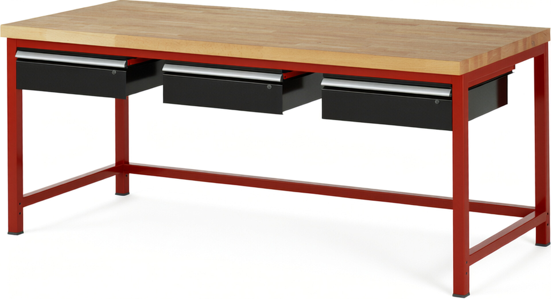 Werkbank Modell 8003 rot - schwarz, BxTxH 2000x900x840 mm,  Buche-Massiv Arbeitsplatte 40 mm,  3 Schubladen mit  Auszug 90 %