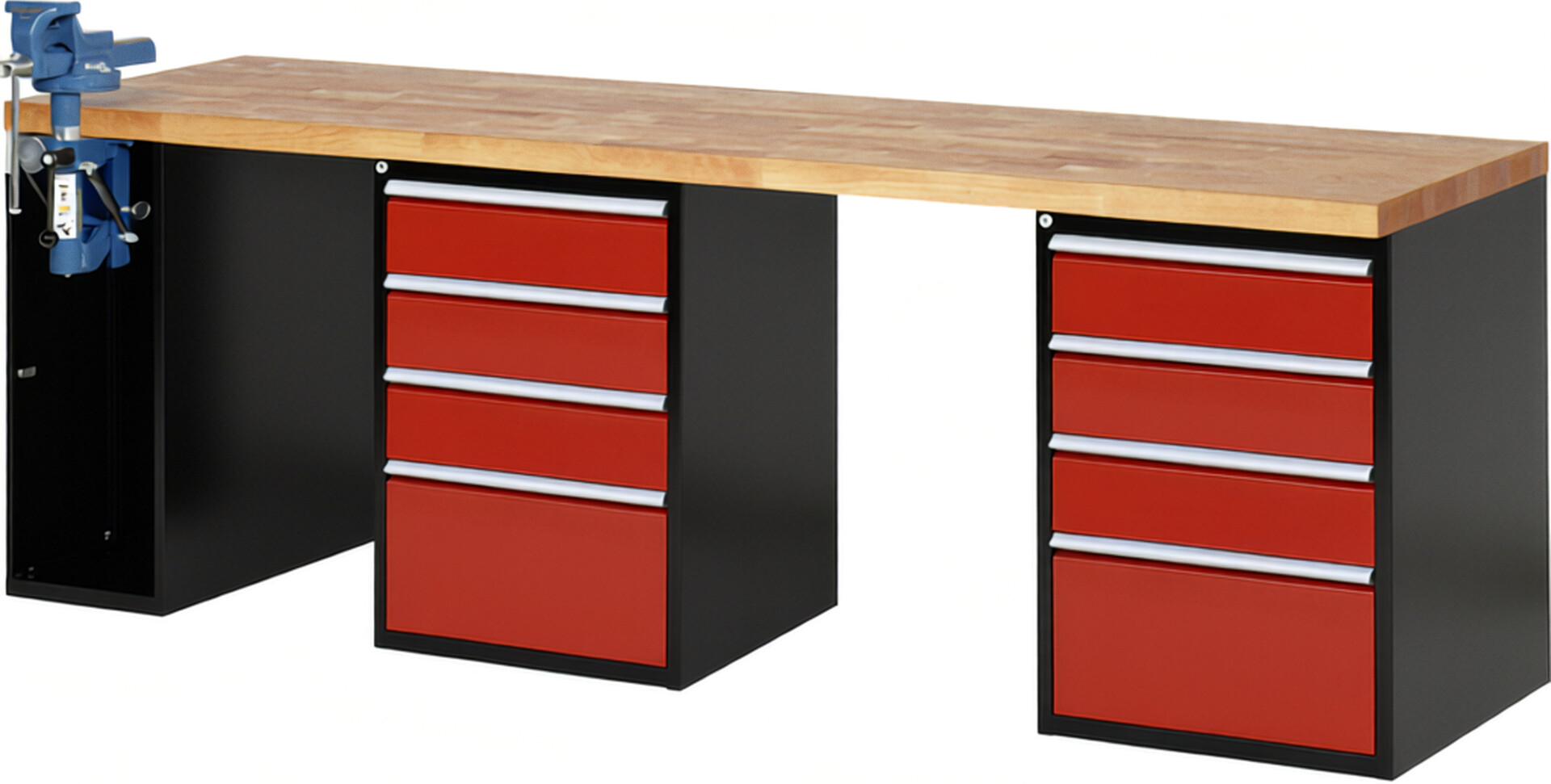 RAU Werkbank schwarz - rot - Breite 250 cm - Tiefe 70 cm - Höhe 89 cm - Buche-Massiv Arbeitsplatte 40 mm