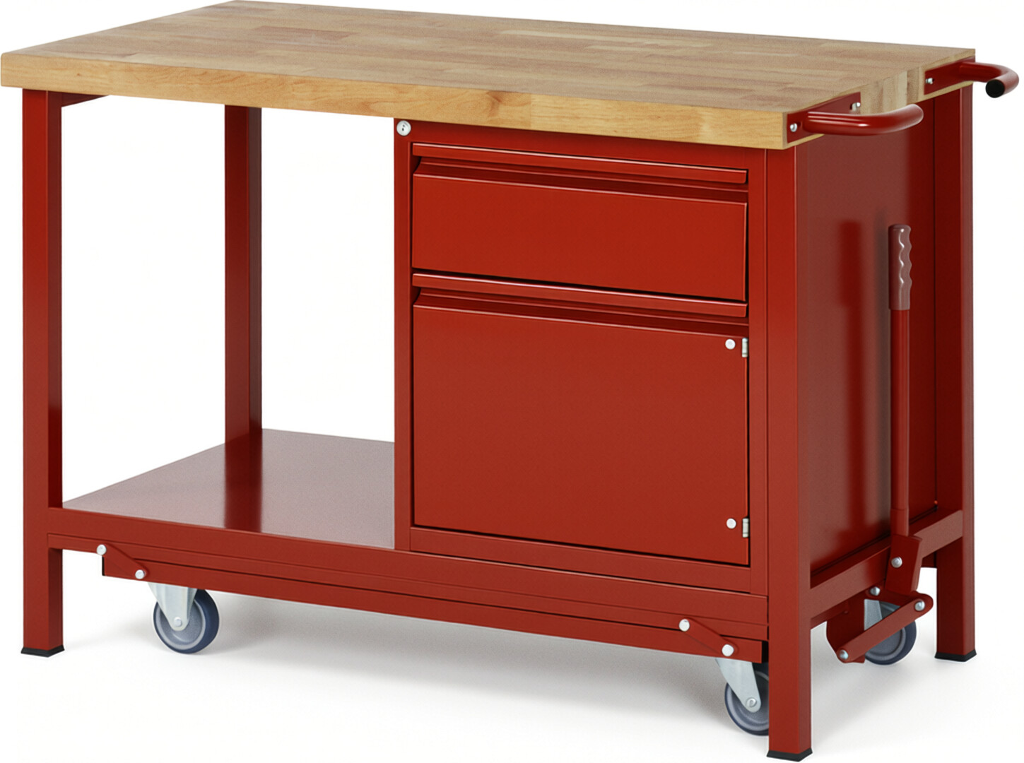 Absenkbare Werkbank - Modell 8152 BASIC rot, BxTxH 1250x700x880 mm,  Buche-Massiv Arbeitsplatte 40 mm,  1 Schublade mit  Auszug 90 %