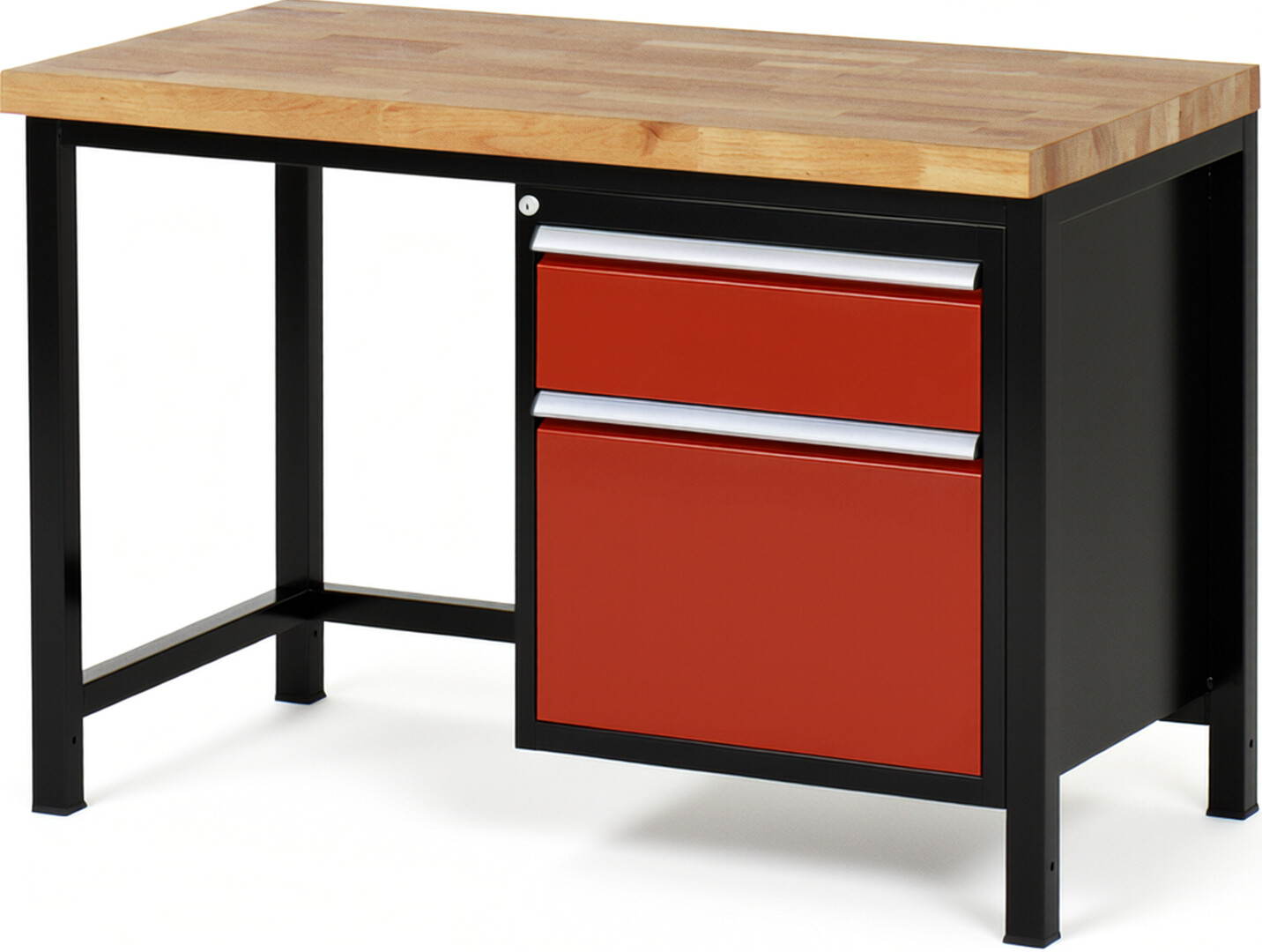 RAU Werkbank schwarz - rot - Breite 125 cm - Tiefe 70 cm - Höhe 104 cm - Buche-Massiv Arbeitsplatte 40 mm