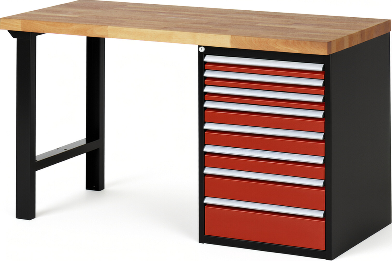 RAU Werkbank schwarz - rot - Breite 150 cm - Tiefe 70 cm - Höhe 89 cm - Buche-Massiv Arbeitsplatte 40 mm