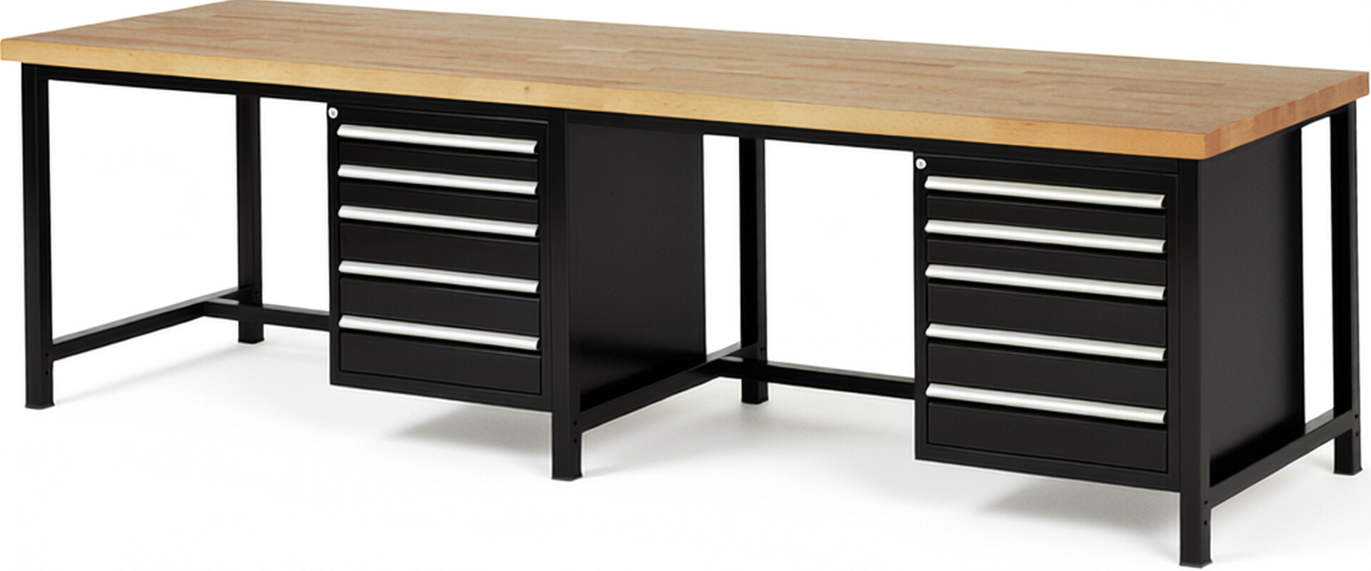 RAU Werkbank schwarz - Breite 300 cm - Tiefe 90 cm - Höhe 104 cm - Buche-Massiv Arbeitsplatte 40 mm