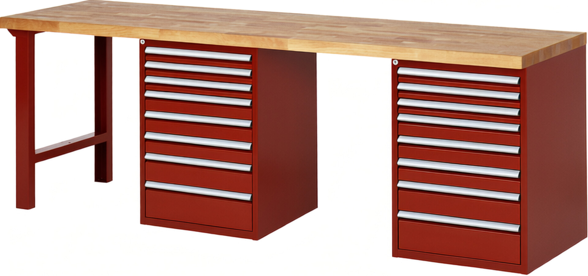 Werkbank Modell 7519 rot, BxTxH 2500x700x840 mm,  Buche-Massiv Arbeitsplatte 40 mm,  16 Schubladen mit  Auszug 90 %