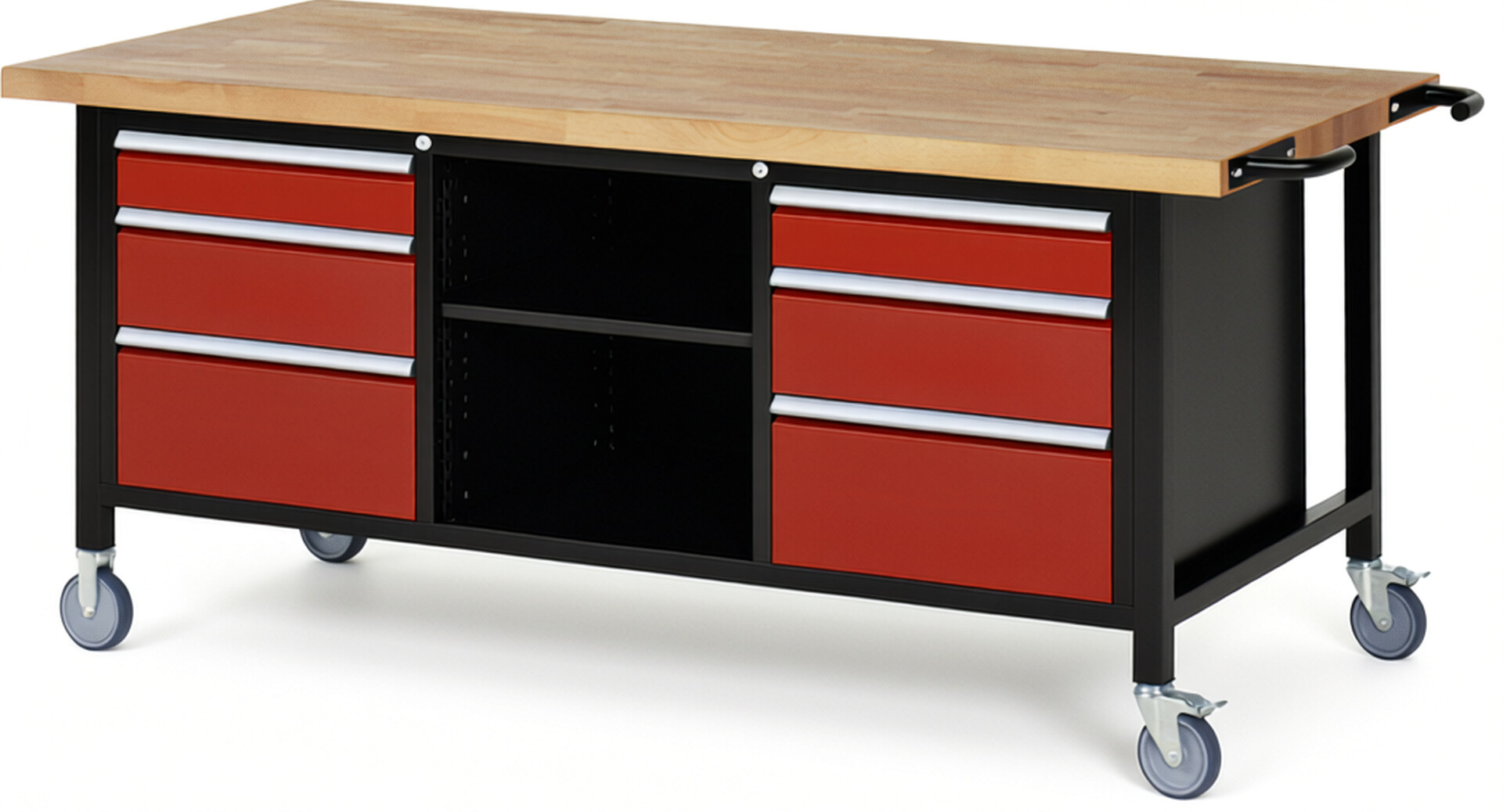 RAU Werkbank schwarz - rot - Breite 200 cm - Tiefe 90 cm - Höhe 108 cm - Buche-Massiv Arbeitsplatte 40 mm
