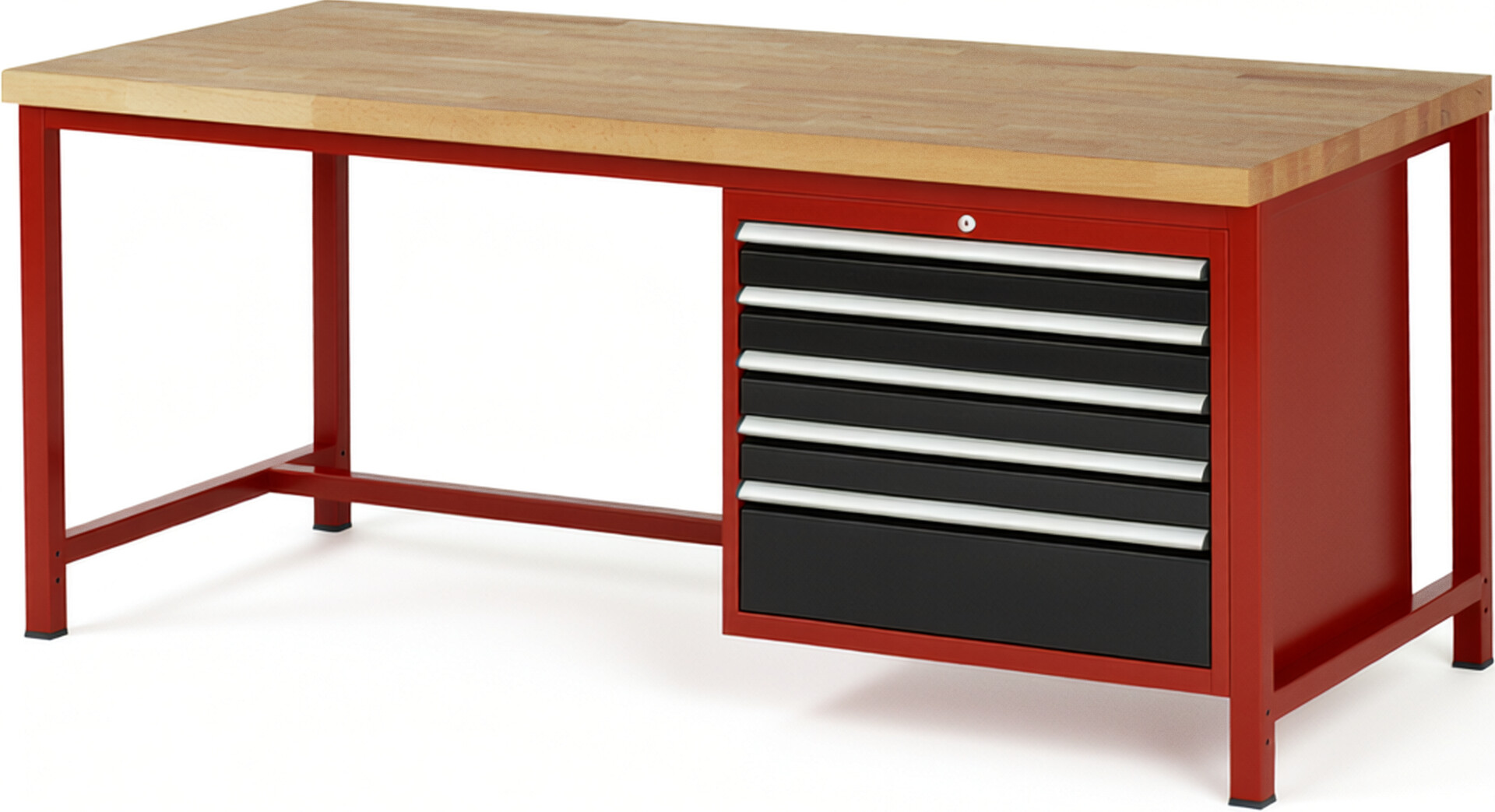 Werkbank Modell 8268 rot - schwarz, BxTxH 2000x900x840 mm,  Buche-Massiv Arbeitsplatte 40 mm,  5 Schubladen mit  Vollauszug 100 % und  SoftClosing