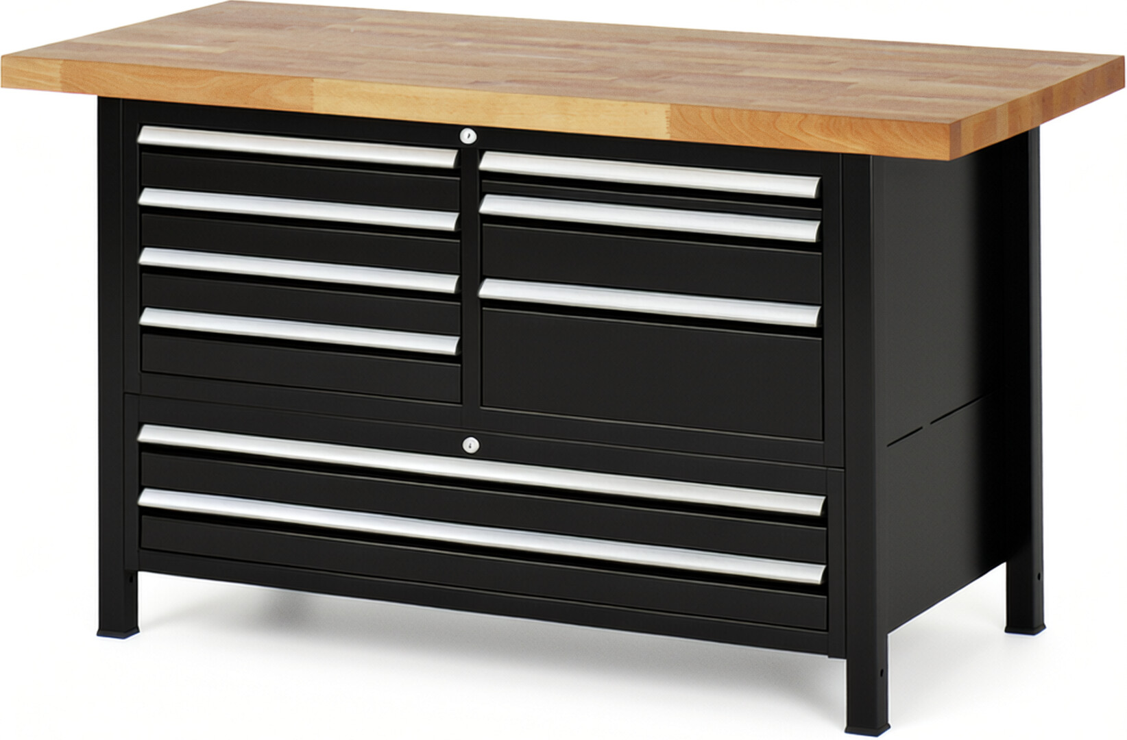 Werkbank Modell 8933 schwarz, BxTxH 1500x700x840 mm,  Buche-Massiv Arbeitsplatte 40 mm,  9 Schubladen mit  Auszug 90 %