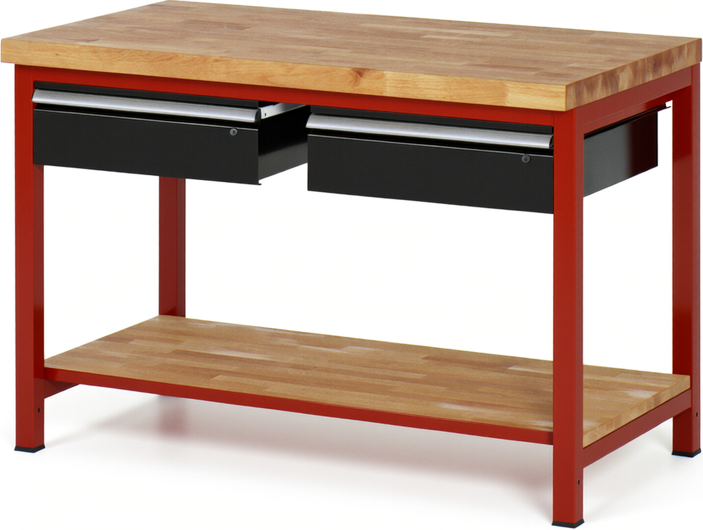 Werkbank Modell 8002 rot - schwarz, BxTxH 1250x700x840-1040 mm,  Buche-Massiv Arbeitsplatte 40 mm,  2 Schubladen mit  Auszug 90 %