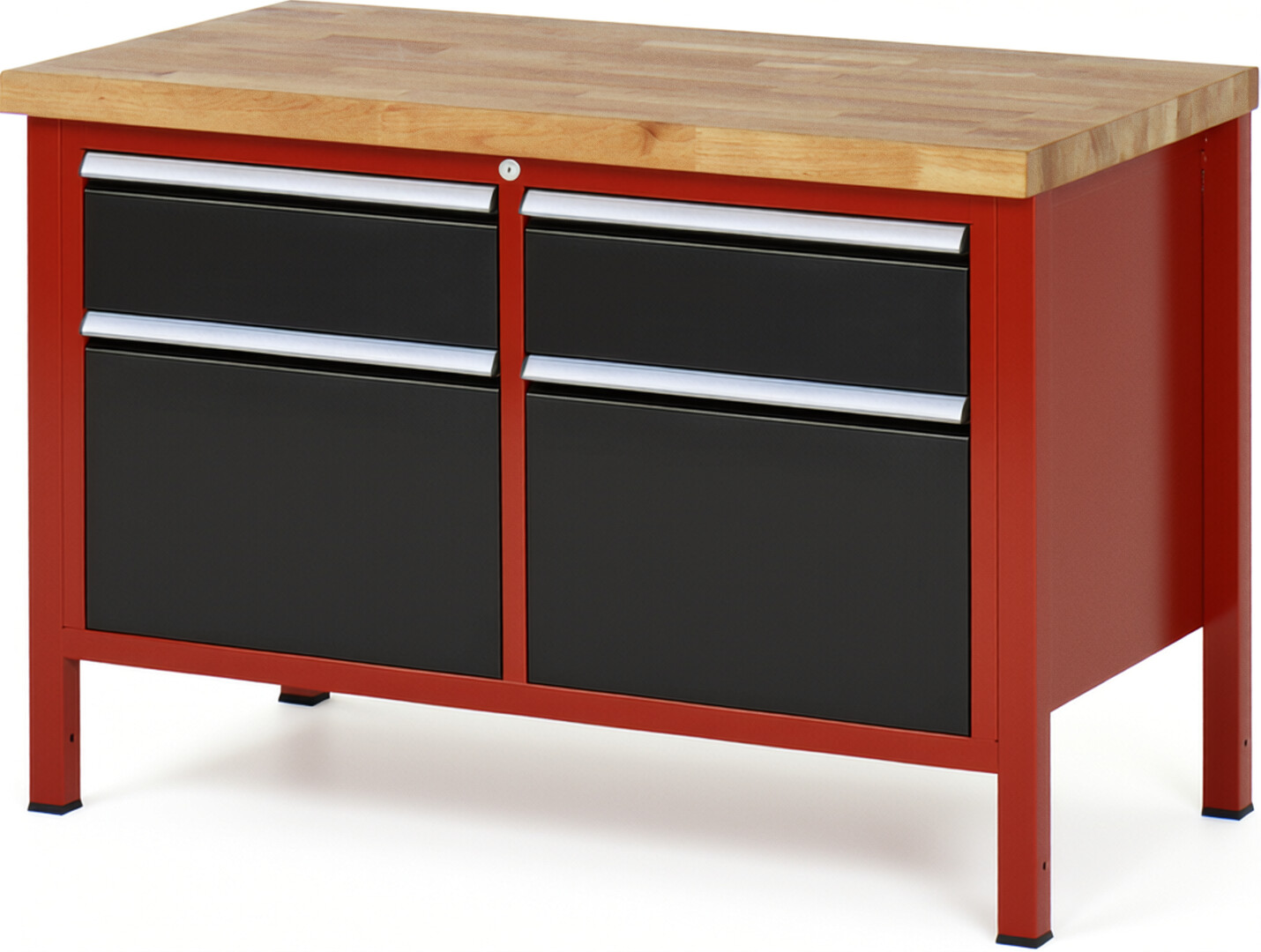 Werkbank Modell 8471 rot - schwarz, BxTxH 1250x700x840 mm,  Buche-Massiv Arbeitsplatte 40 mm,  4 Schubladen mit  Auszug 90 %