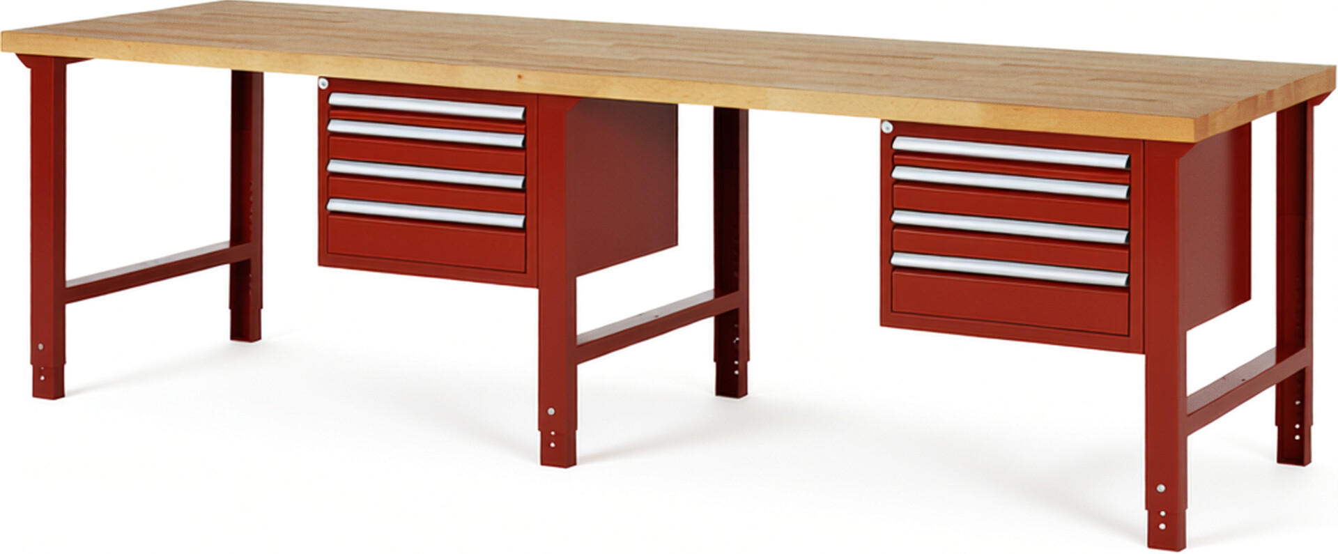 Werkbank Modell 7132 rot, BxTxH 3000x900x790-1140 mm,  Buche-Massiv Arbeitsplatte 40 mm,  8 Schubladen mit  Vollauszug 100 % und  SoftClosing