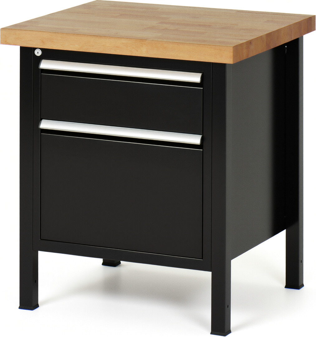Werkbank Modell 8156 schwarz, BxTxH 750x700x840 mm,  Buche-Massiv Arbeitsplatte 40 mm,  2 Schubladen mit  Vollauszug 100 % und  SoftClosing